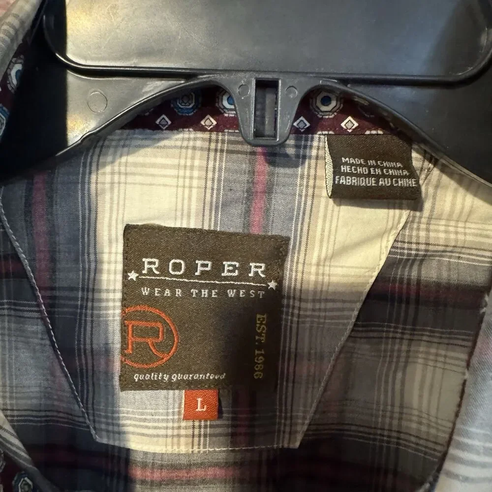 Roper Shirt Men Large L Grey Plaid Long Sleeve Button Up Cotton Western Contrast